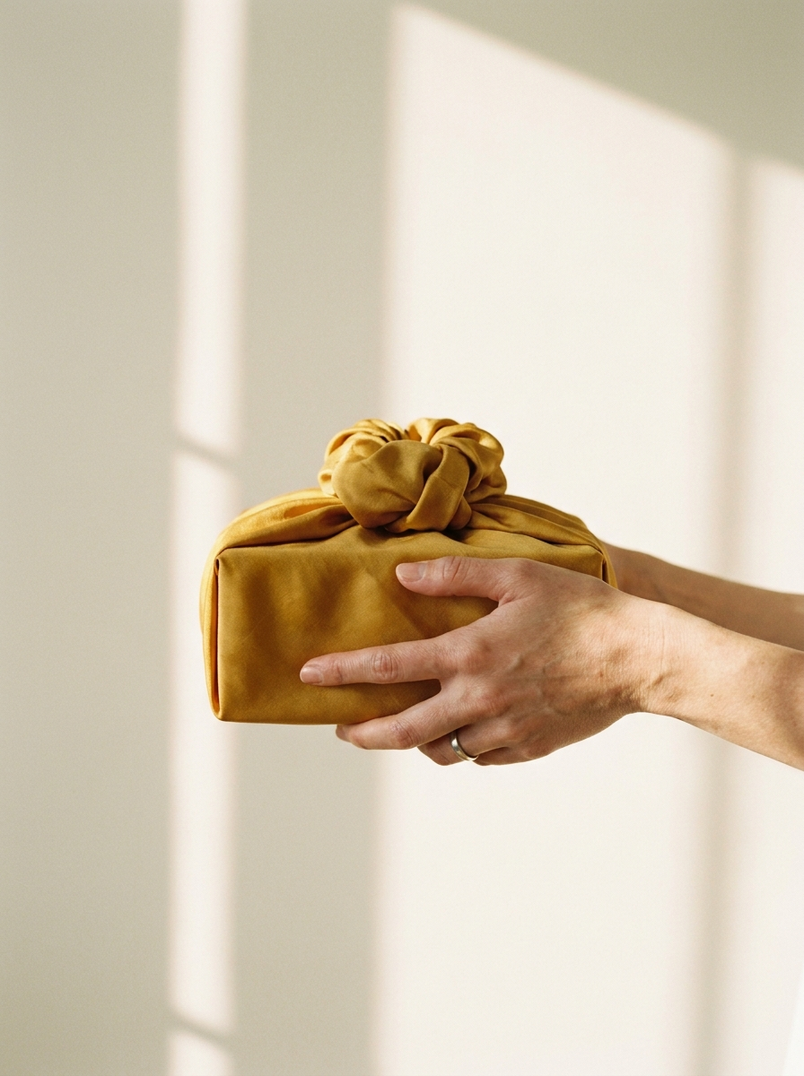 Hands holding a gift wrapped in golden ochre bojagi silk