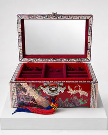 Red Songhak jewellery box open, showing mirrored lid and velvet compartments – PEUM