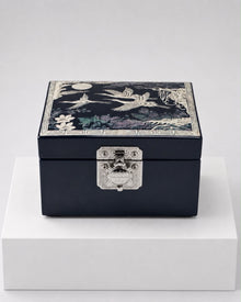 Navy crane and moon jewellery box, angled view of mother-of-pearl lid – PEUM