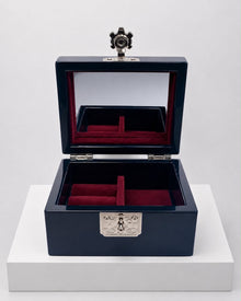 Crane and moon jewellery box open, showing mirrored lid and red velvet interior – PEUM