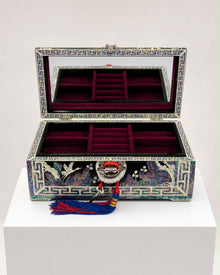 Black Songhak jewellery box open, showing mirrored lid and velvet compartments – PEUM
