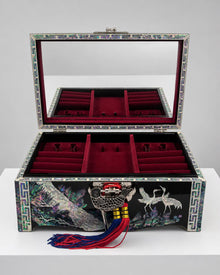 Crane pair jewellery box open, showing mirrored lid and velvet compartments – PEUM