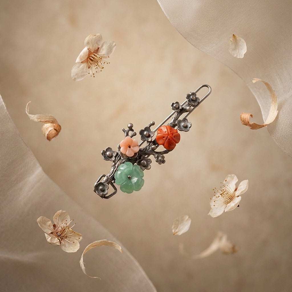 Tricolor Plum Blossom Hairpin – Green Jade Blossom Detail | PEUM Korean Houseware